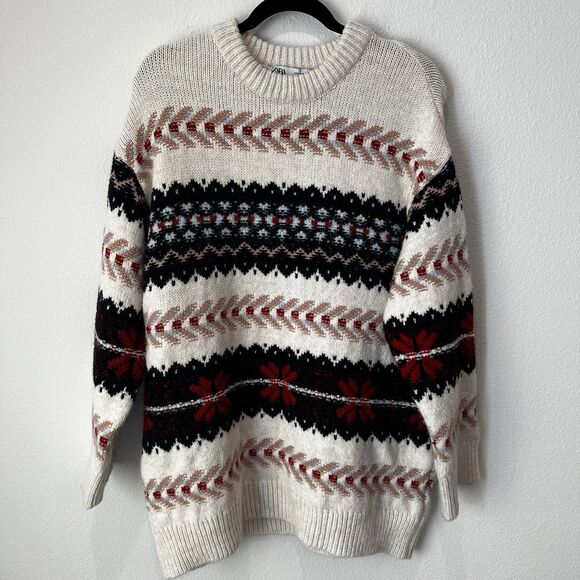 ZARA Apres Ski Oversized Jacquard Knit Snowflake Sweater Size Small - Picture 3 of 9